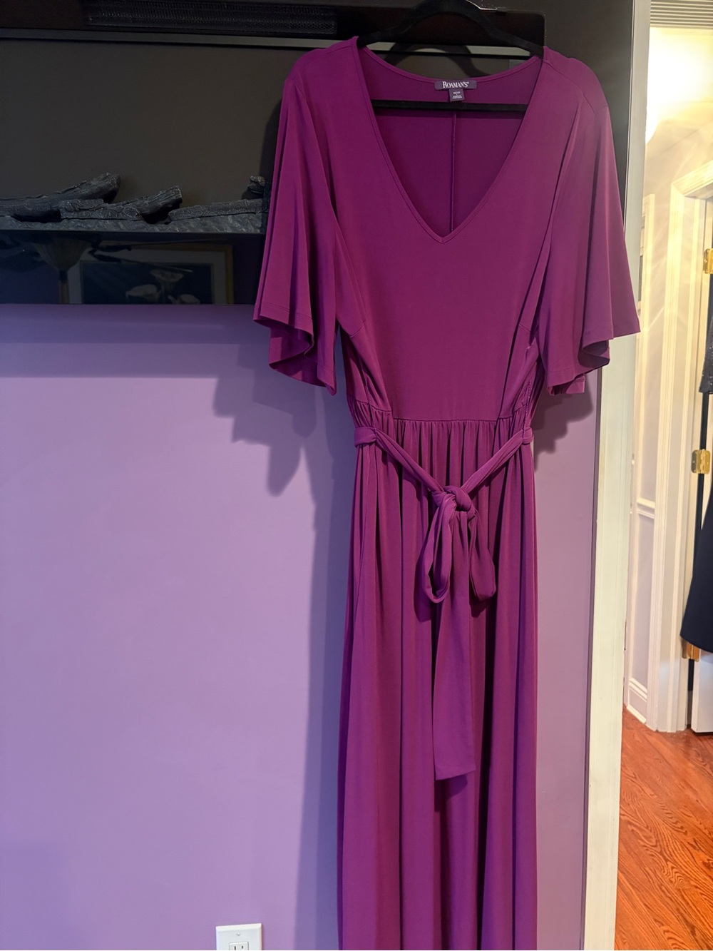 Roaman's Deep Magenta Flutter-Sleeve V-Neck Maxi Dress